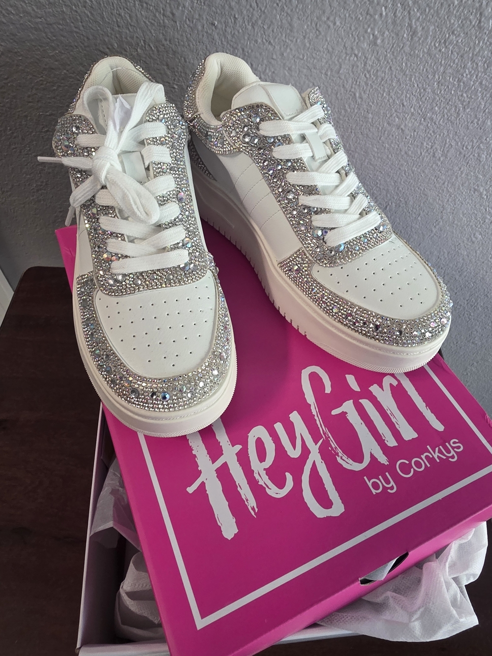 Corkys Hey GIRL White Rhinestone Sneakers Size 8 Womens "PREGAME" SNEAKERS